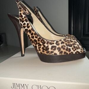 Jimmy Choo Clue Leopard Pony Hair Slingback Peep Toe Pump Size 36 6 $795